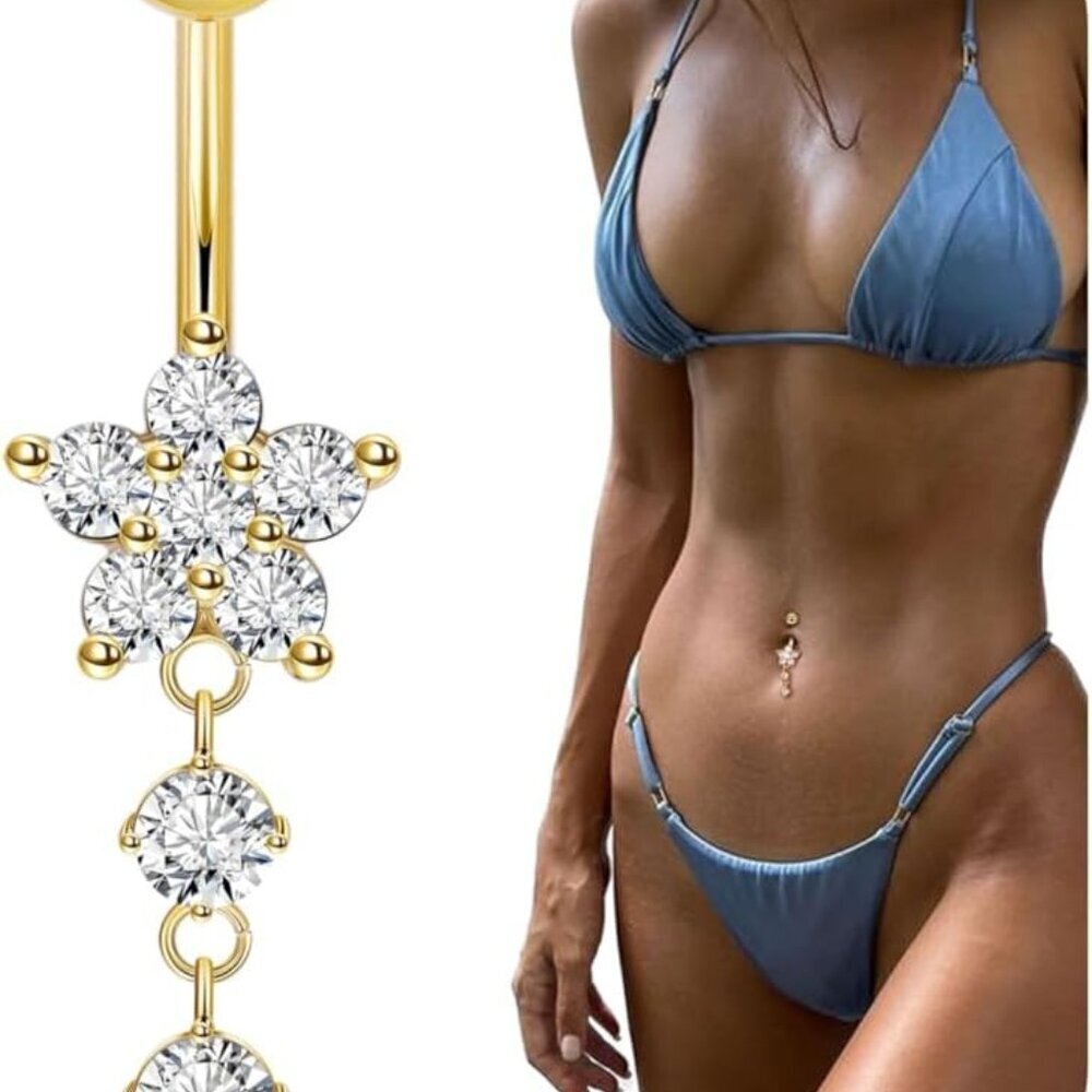 Titanium Dangle Belly Button Ring Flower Cz Women… - image 1